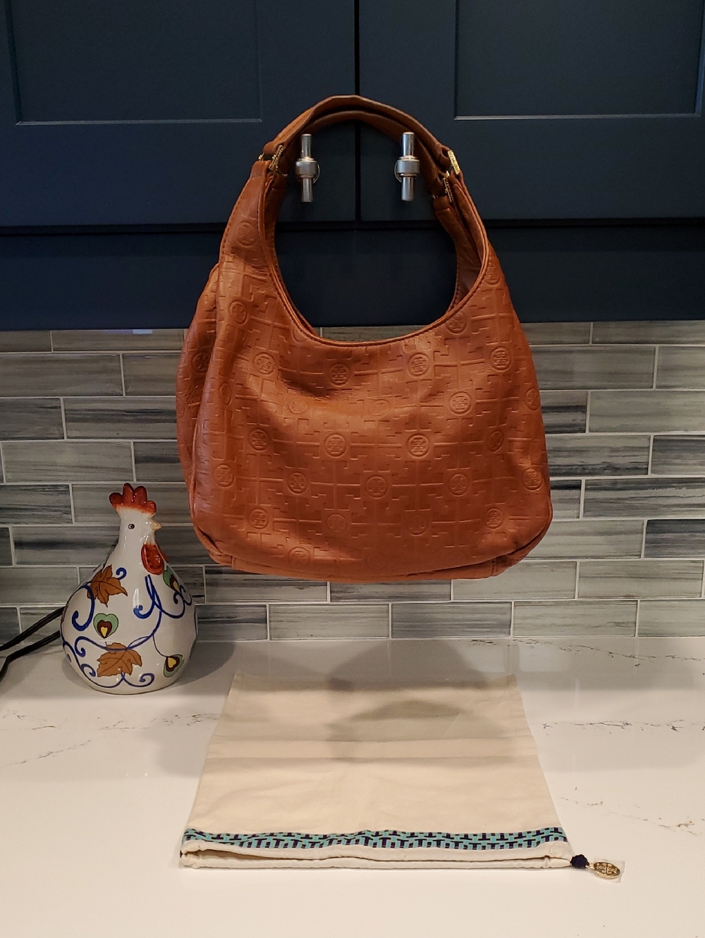 Tory Burch Embossed Leather Hobo Shoulder Bag in Cognac Brown